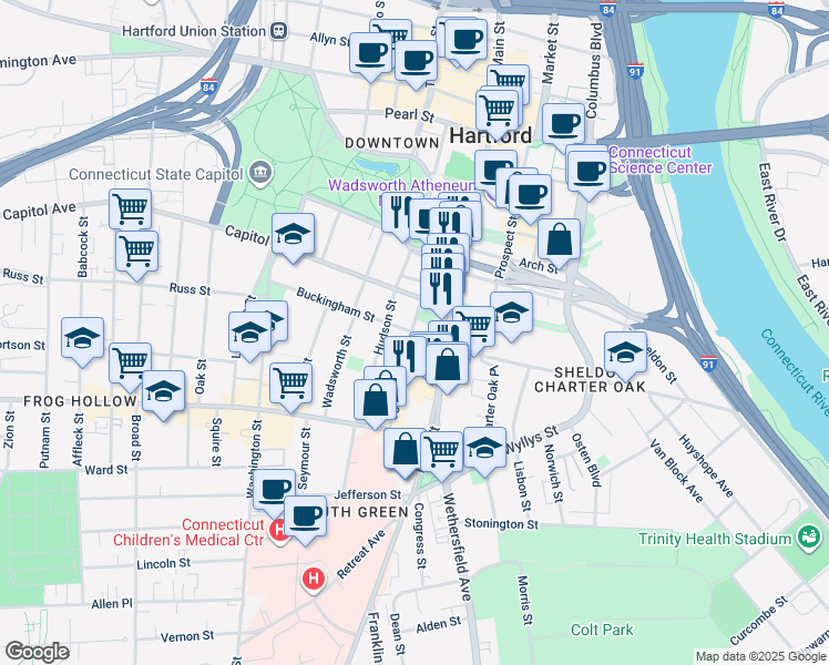 map of restaurants, bars, coffee shops, grocery stores, and more near 83 Buckingham Street in Hartford