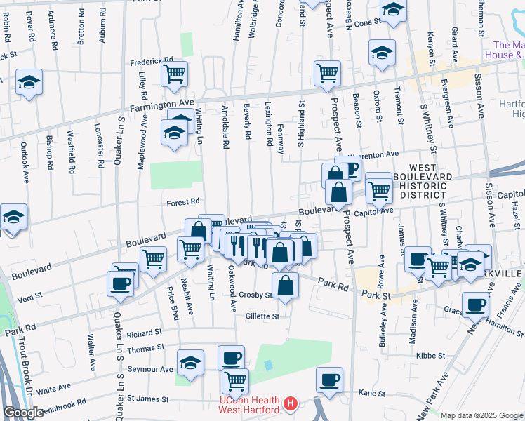 map of restaurants, bars, coffee shops, grocery stores, and more near 1128 Boulevard in West Hartford