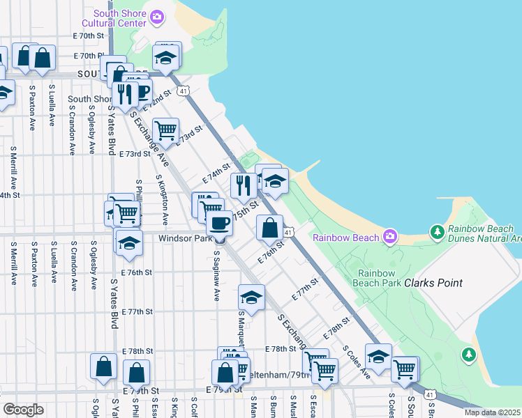 map of restaurants, bars, coffee shops, grocery stores, and more near 2713 East 75th Place in Chicago