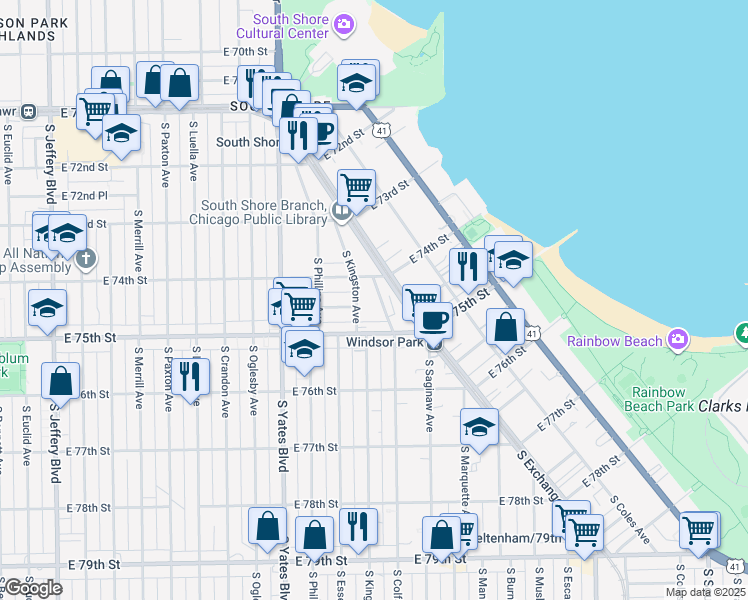 map of restaurants, bars, coffee shops, grocery stores, and more near 7420 South Colfax Avenue in Chicago