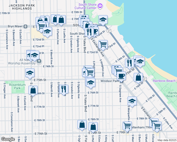 map of restaurants, bars, coffee shops, grocery stores, and more near 7432 South Phillips Avenue in Chicago