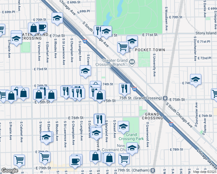 map of restaurants, bars, coffee shops, grocery stores, and more near 7414 South Maryland Avenue in Chicago