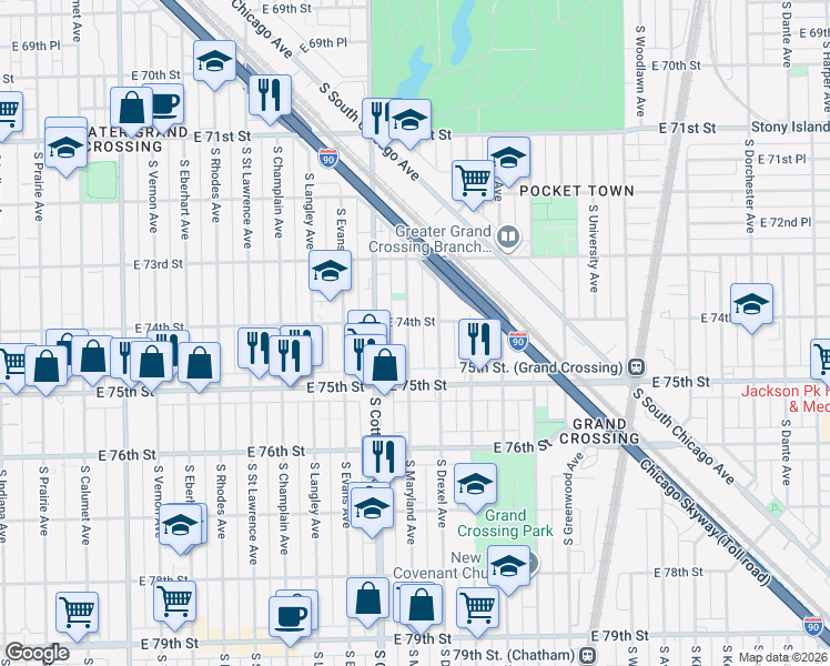 map of restaurants, bars, coffee shops, grocery stores, and more near 7414 South Maryland Avenue in Chicago