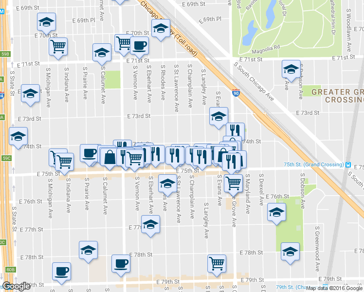 map of restaurants, bars, coffee shops, grocery stores, and more near 7406 South Saint Lawrence Avenue in Chicago