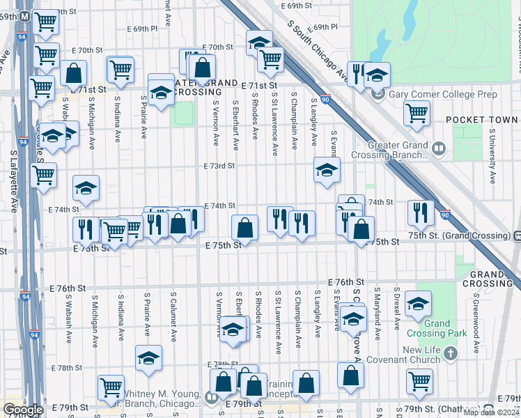 map of restaurants, bars, coffee shops, grocery stores, and more near 7406 South Rhodes Avenue in Chicago