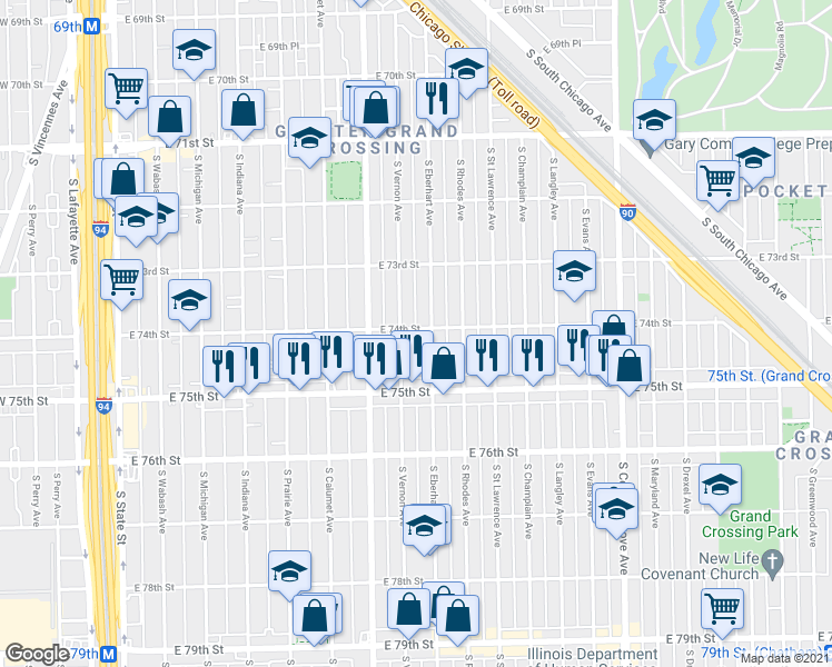 map of restaurants, bars, coffee shops, grocery stores, and more near 7407 South Vernon Avenue in Chicago