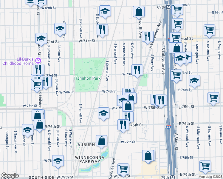 map of restaurants, bars, coffee shops, grocery stores, and more near 358 West 74th Street in Chicago