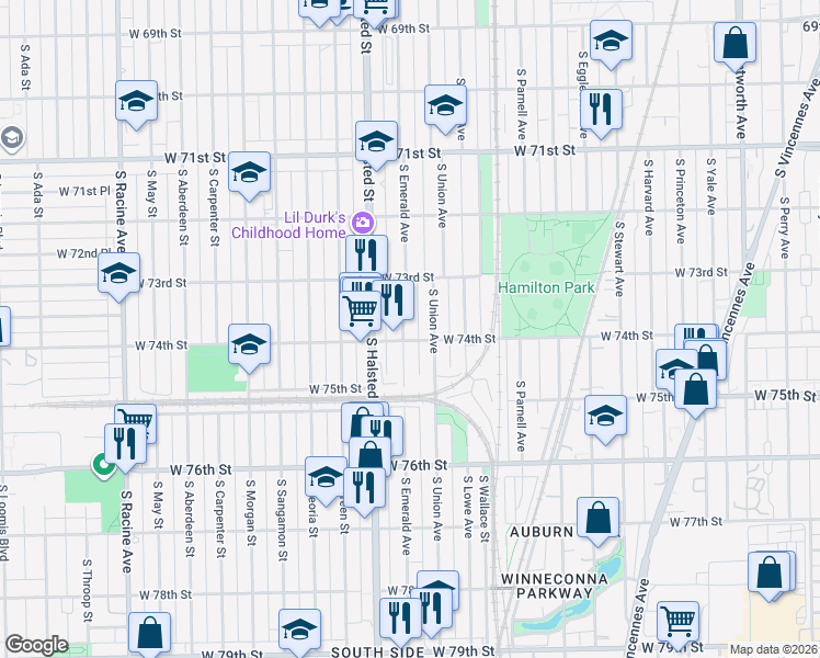 map of restaurants, bars, coffee shops, grocery stores, and more near 7354 South Emerald Avenue in Chicago