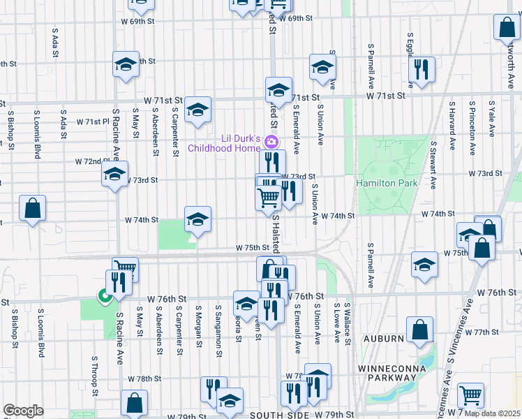map of restaurants, bars, coffee shops, grocery stores, and more near 7352 South Halsted Street in Chicago