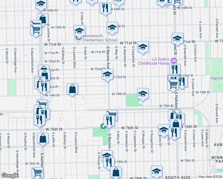 map of restaurants, bars, coffee shops, grocery stores, and more near 7350 South Racine Avenue in Chicago