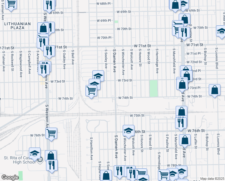 map of restaurants, bars, coffee shops, grocery stores, and more near 7338 South Damen Avenue in Chicago