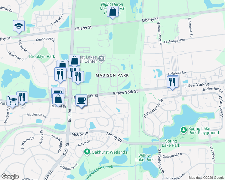map of restaurants, bars, coffee shops, grocery stores, and more near 420 Conservatory Lane in Aurora