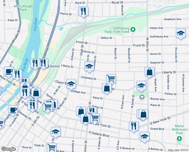 map of restaurants, bars, coffee shops, grocery stores, and more near 257 North Union Street in Aurora