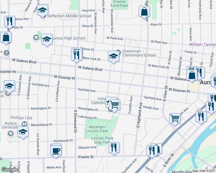 map of restaurants, bars, coffee shops, grocery stores, and more near 63 South Lancaster Avenue in Aurora