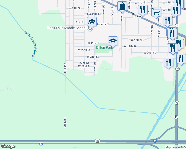 map of restaurants, bars, coffee shops, grocery stores, and more near West 24th Street in Rock Falls
