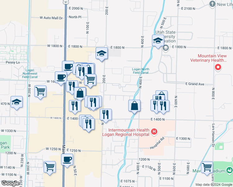 map of restaurants, bars, coffee shops, grocery stores, and more near 265 East 1530 North in North Logan