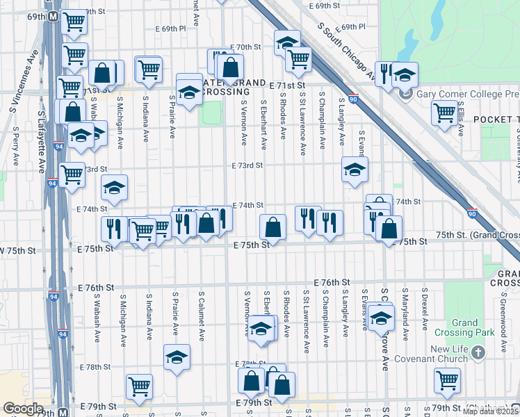 map of restaurants, bars, coffee shops, grocery stores, and more near 7400 South Eberhart Avenue in Chicago