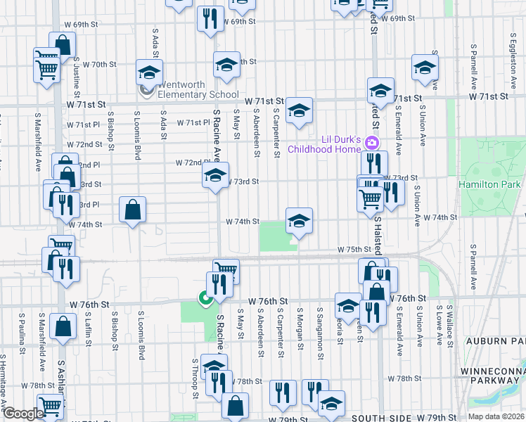 map of restaurants, bars, coffee shops, grocery stores, and more near 7345 South Aberdeen Street in Chicago