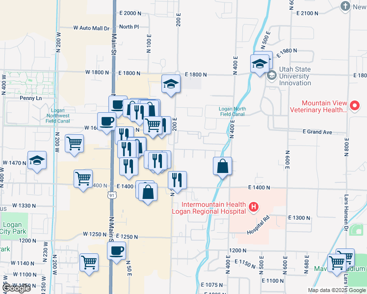 map of restaurants, bars, coffee shops, grocery stores, and more near 229 East 1530 North in North Logan