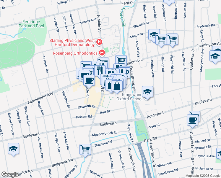 map of restaurants, bars, coffee shops, grocery stores, and more near 60 Isham Road in West Hartford