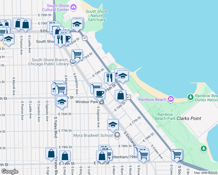 map of restaurants, bars, coffee shops, grocery stores, and more near 2704 East 75th Street in Chicago