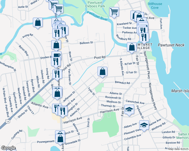map of restaurants, bars, coffee shops, grocery stores, and more near 26 Jefferson Street in Warwick