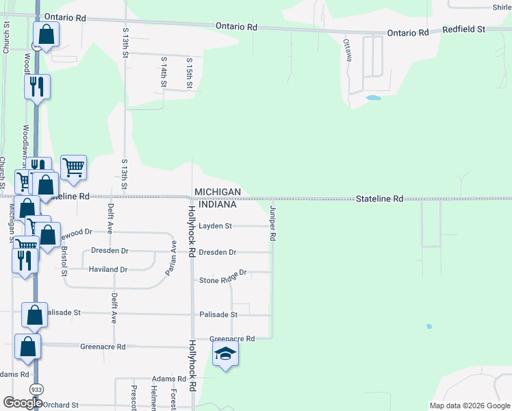 map of restaurants, bars, coffee shops, grocery stores, and more near 19056 Stateline Road in South Bend