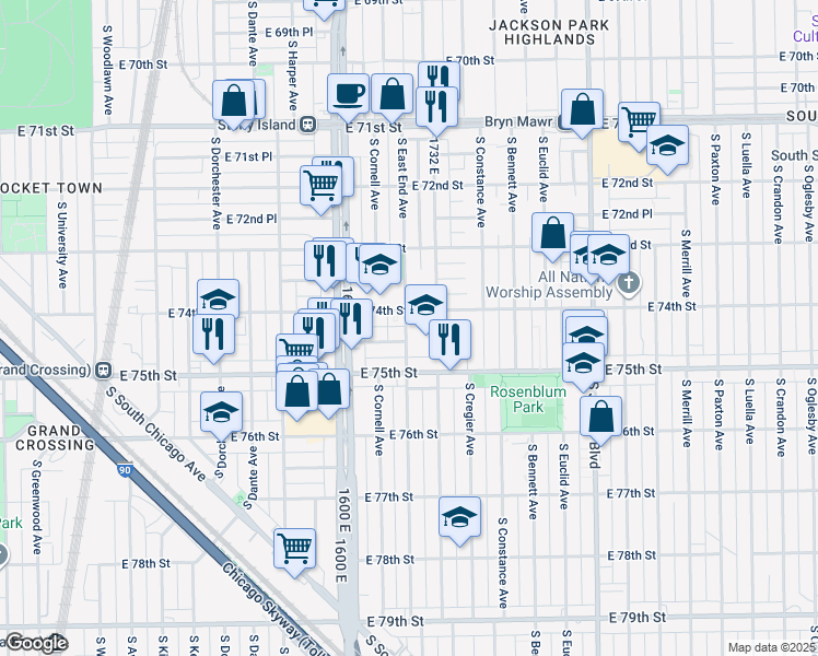 map of restaurants, bars, coffee shops, grocery stores, and more near 7415 South East End Avenue in Chicago