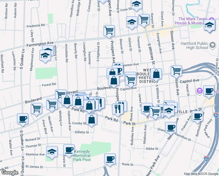 map of restaurants, bars, coffee shops, grocery stores, and more near 24 Lockwood Terrace in West Hartford