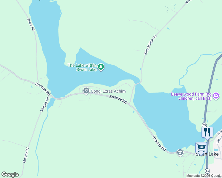 map of restaurants, bars, coffee shops, grocery stores, and more near 59 Redwood Lane in Swan Lake