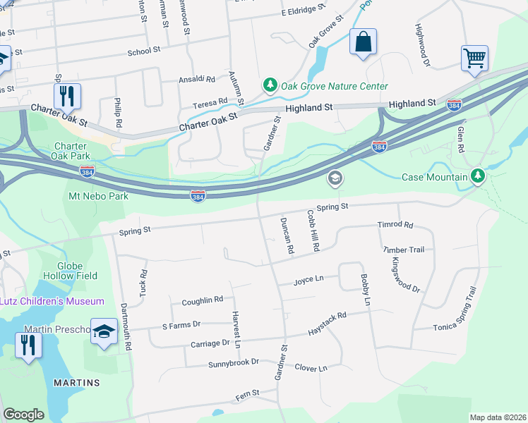 map of restaurants, bars, coffee shops, grocery stores, and more near 387 Spring Street in Manchester