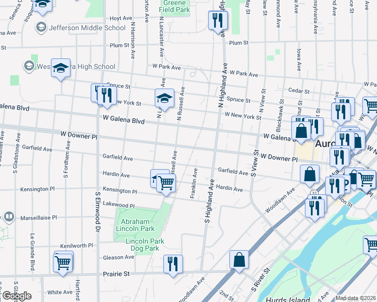 map of restaurants, bars, coffee shops, grocery stores, and more near 646 West Downer Place in Aurora