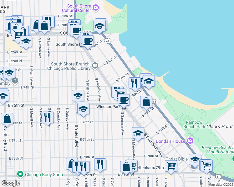 map of restaurants, bars, coffee shops, grocery stores, and more near 2600 E 74th Pl in Chicago