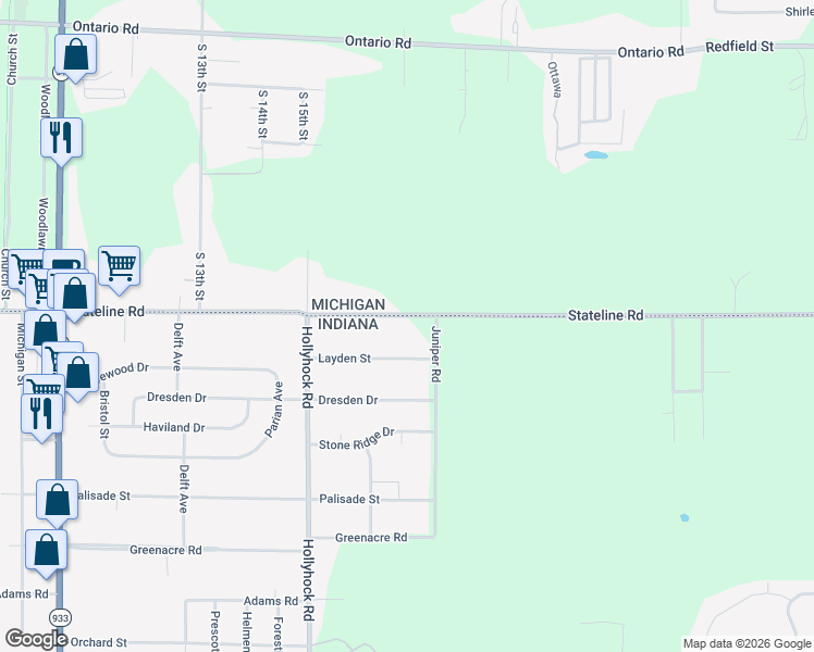 map of restaurants, bars, coffee shops, grocery stores, and more near 19056 Stateline Road in South Bend