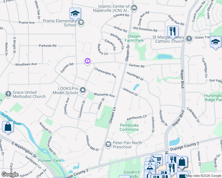 map of restaurants, bars, coffee shops, grocery stores, and more near 733 Chateaugay Avenue in Naperville