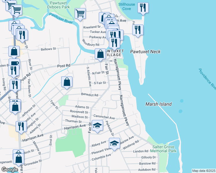 map of restaurants, bars, coffee shops, grocery stores, and more near 101 Fair Street in Warwick