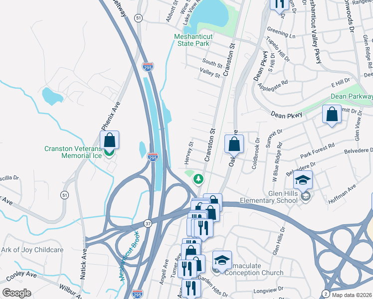 map of restaurants, bars, coffee shops, grocery stores, and more near 29 Hervey Street in Cranston