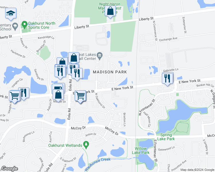 map of restaurants, bars, coffee shops, grocery stores, and more near 422 Conservatory Lane in Aurora
