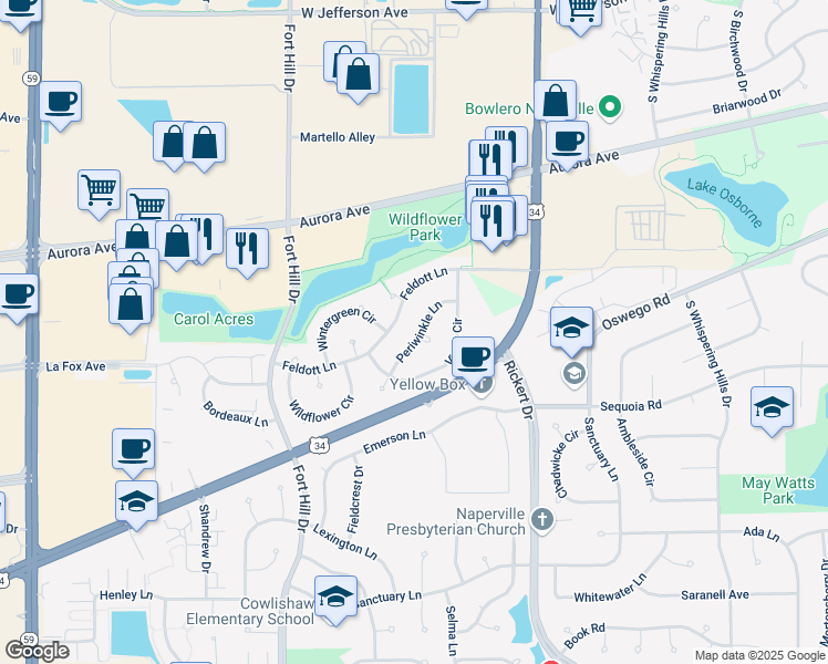 map of restaurants, bars, coffee shops, grocery stores, and more near 2147 Periwinkle Lane in Naperville
