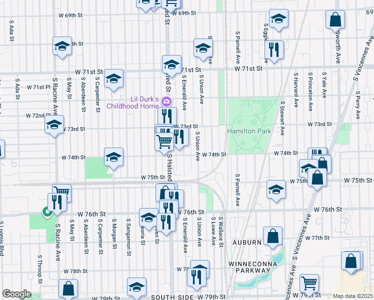 map of restaurants, bars, coffee shops, grocery stores, and more near 7354 South Emerald Avenue in Chicago