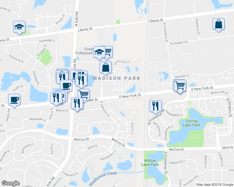 map of restaurants, bars, coffee shops, grocery stores, and more near 416 Conservatory Lane in Aurora