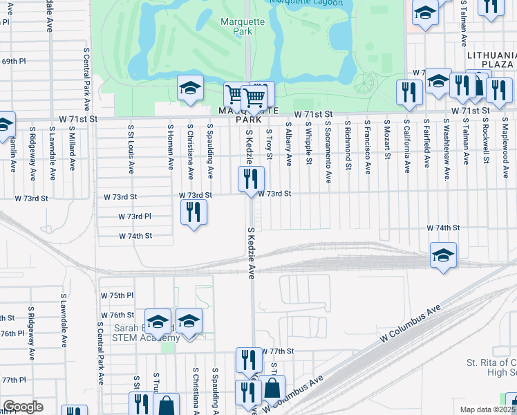 map of restaurants, bars, coffee shops, grocery stores, and more near 7317 South Kedzie Avenue in Chicago