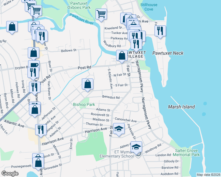 map of restaurants, bars, coffee shops, grocery stores, and more near 87 South Atlantic Avenue in Warwick