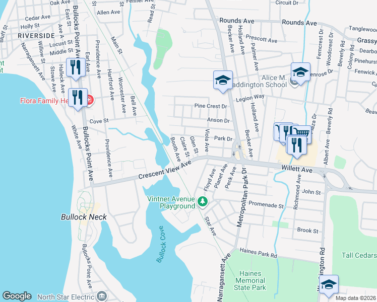 map of restaurants, bars, coffee shops, grocery stores, and more near 10 Claire Street in East Providence
