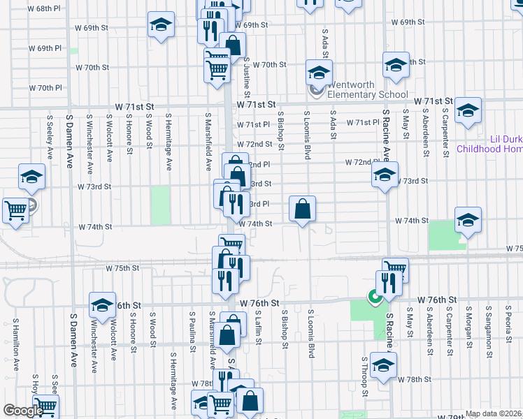 map of restaurants, bars, coffee shops, grocery stores, and more near 1477 West 73rd Place in Chicago