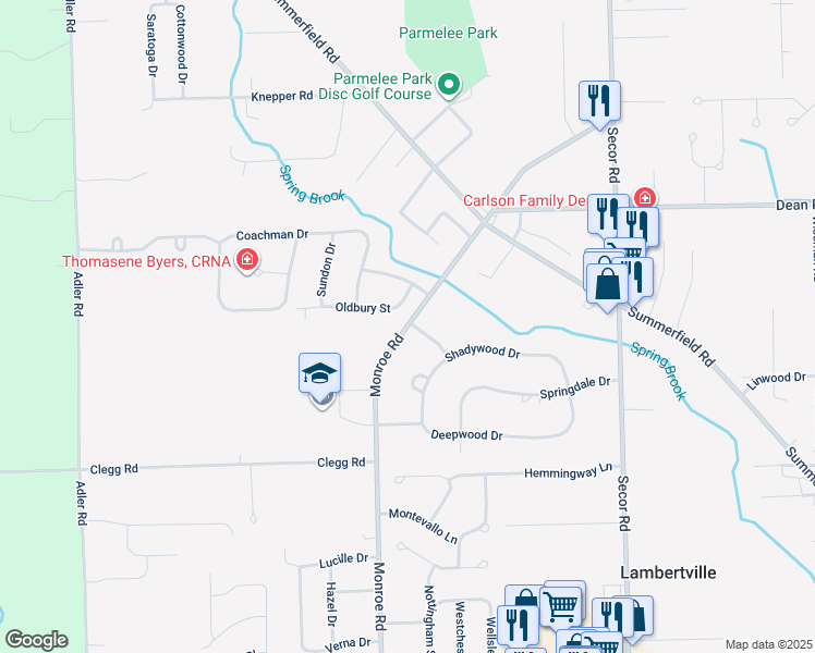 map of restaurants, bars, coffee shops, grocery stores, and more near 7979 Monroe Road in Lambertville