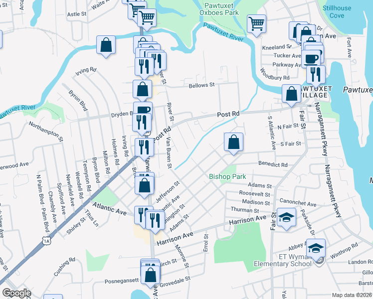 map of restaurants, bars, coffee shops, grocery stores, and more near 61 Power Avenue in Warwick