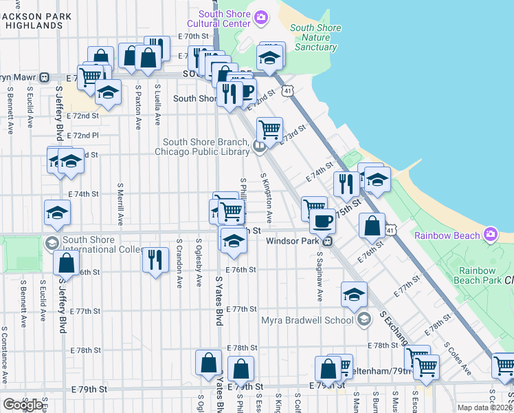map of restaurants, bars, coffee shops, grocery stores, and more near 2462 East 74th Place in Chicago