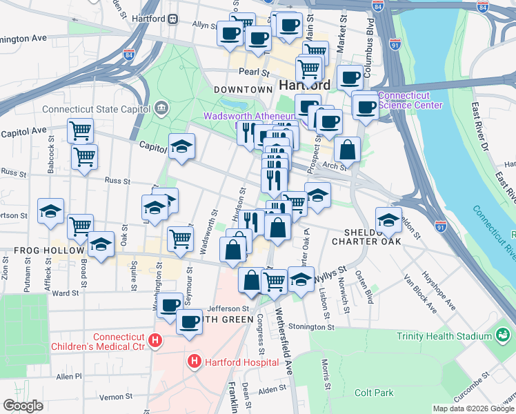 map of restaurants, bars, coffee shops, grocery stores, and more near 83 Buckingham Street in Hartford