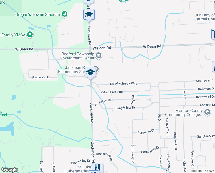 map of restaurants, bars, coffee shops, grocery stores, and more near 1593 Meadowbrook Way in Temperance